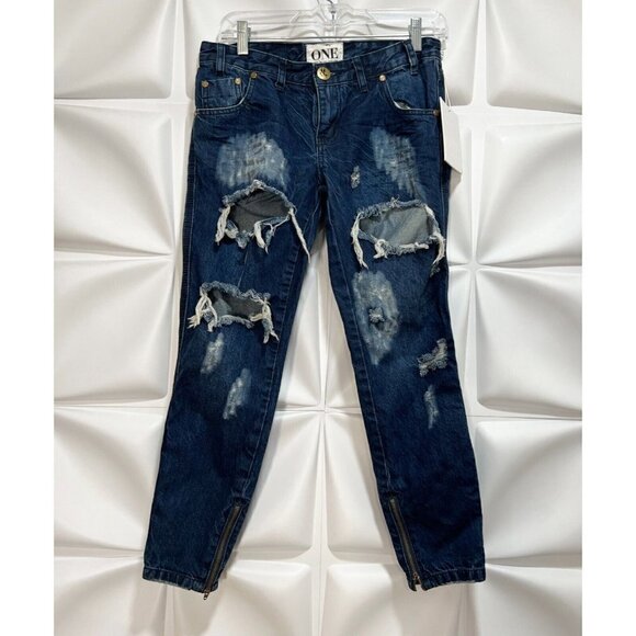 One Teaspoon Sz 26 Trashed Freebirds Crop Denim Jeans Skinny Dark Blue Women NWT - Picture 4 of 12